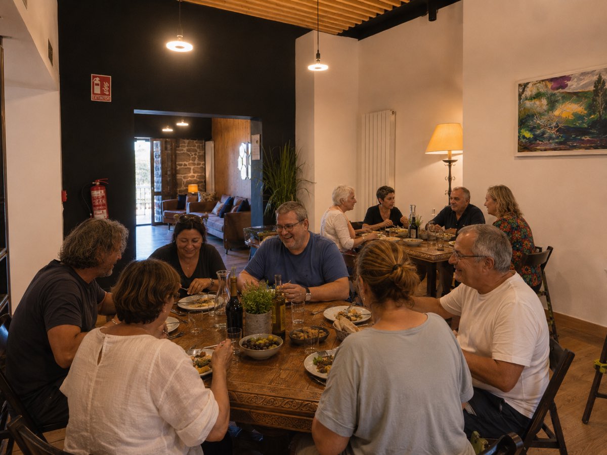 Guests sharing a meal at the long communal table inside Palacio de Sansol
