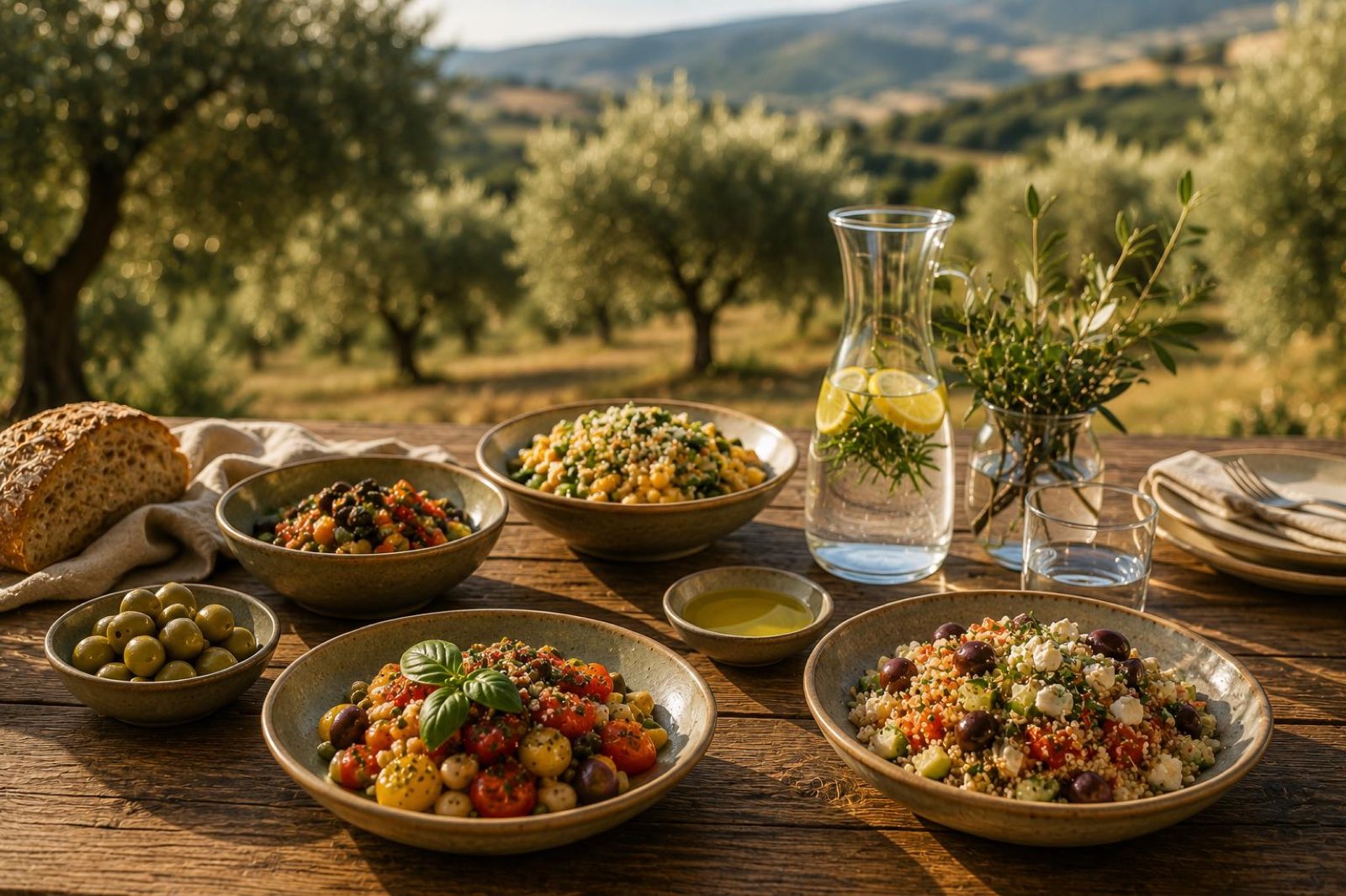 A Mediterranean table of plant-rich dishes set against the olive groves of Navarra