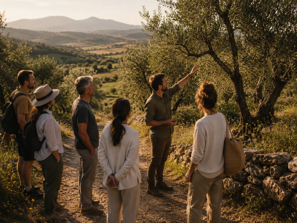 A guide showing guests an olive tree during a plantation visit in the groves of Navarra