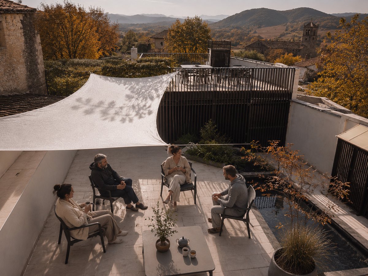 The palace patio with shaded seating and mountain views