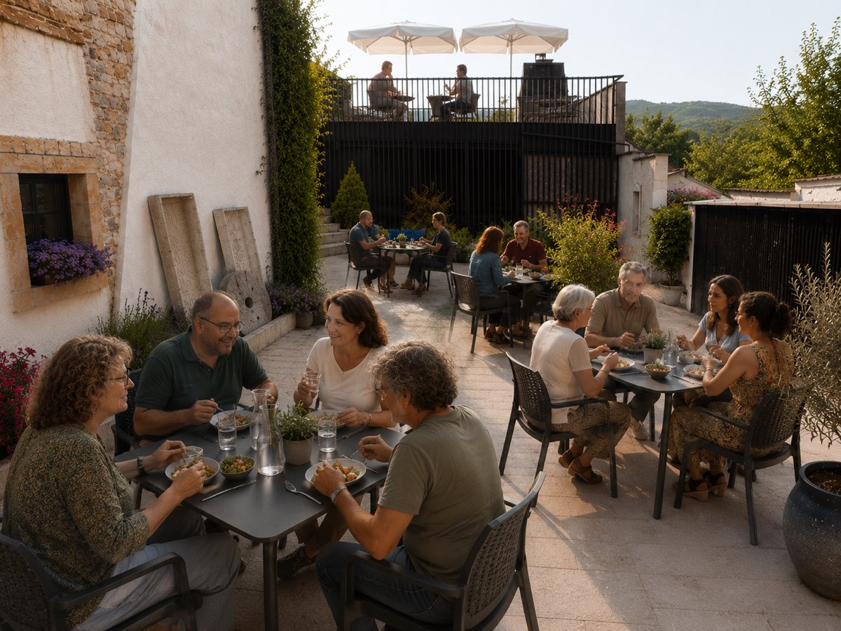 Couples and guests dining together on the palace patio at golden hour