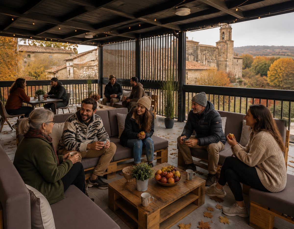 Guests relaxing together on the covered terrace overlooking the village