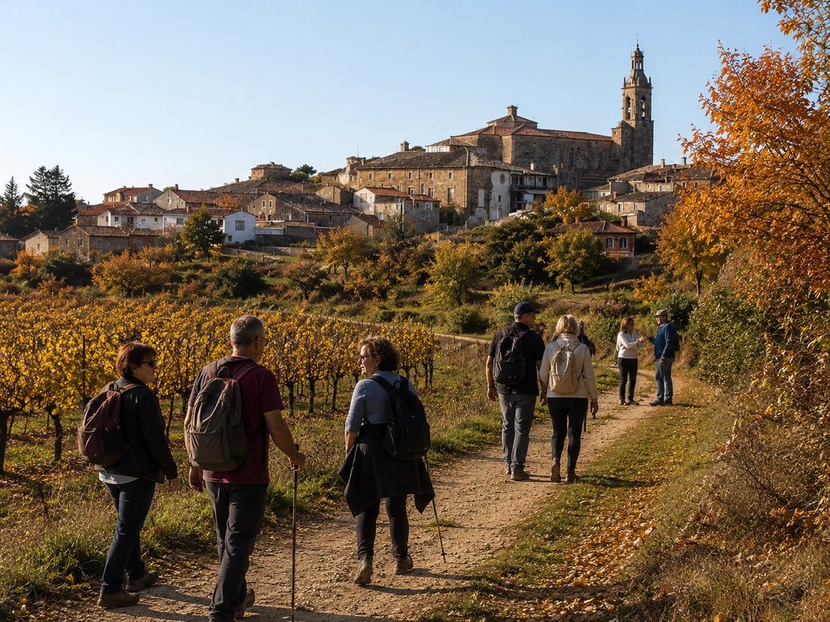 Guests walking through autumn vineyards toward a hilltop village on the Camino de Santiago